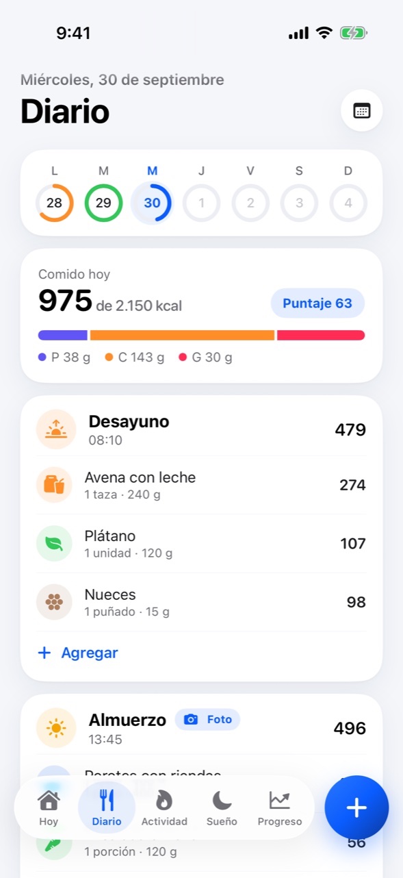 Diario de Suma con la semana, el resumen del día y el desayuno: avena con leche, plátano y nueces.