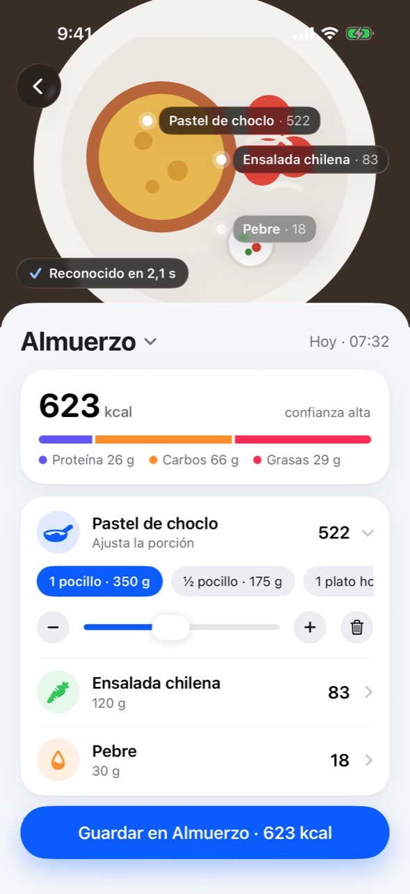 Resultado de una foto: pastel de choclo, ensalada chilena y pebre reconocidos, 623 kilocalorías en total.