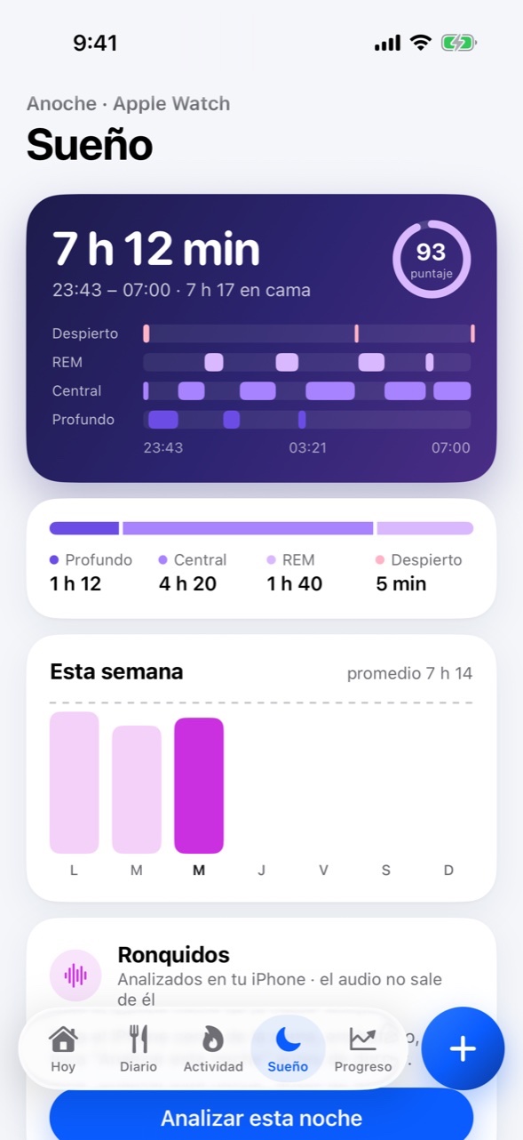 Pantalla Sueño: 7 horas 12 minutos, puntaje 93 y fases de la noche.